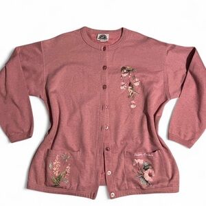 Pink vintage hummingbird and floral cardigan. Size L/XL.